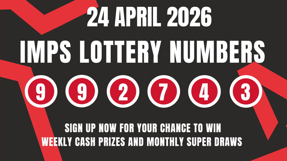 Imps lottery winning numbers for 24 April 2026. 9,9,2,7,4,3.