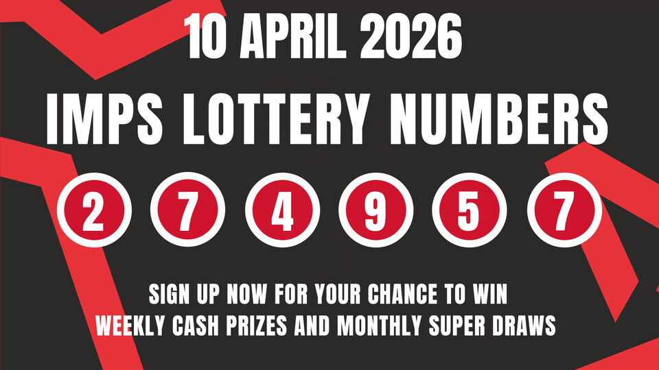 April 10, 2026, IMPS lottery numbers: 2, 7, 4, 9, 5, 7 displayed on a black background with red accents. Text promotes cash prizes and draws.