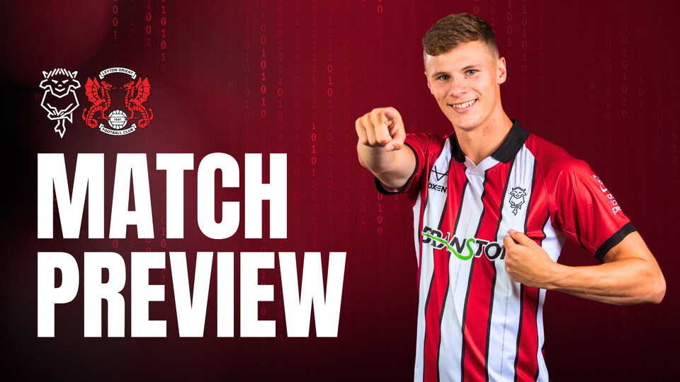 A man in a red and white striped shirt points at the camera. 'Match Preview' text and Lincoln City and Leyton Orient logos are on a red background.