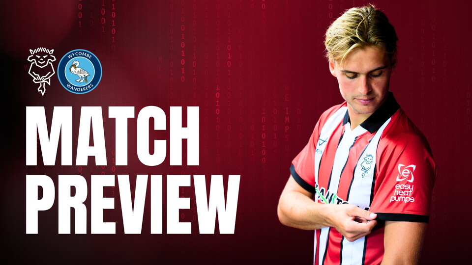 Football player in a red and white striped jersey looks down, adjusting his sleeve. 'Match Preview' text is bold and white, with two team logos above. Background is a red gradient with subtle binary code pattern.