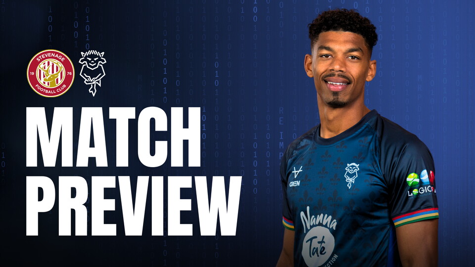 Match preview graphic for Stevenage v Imps featuring Reeco Hackett