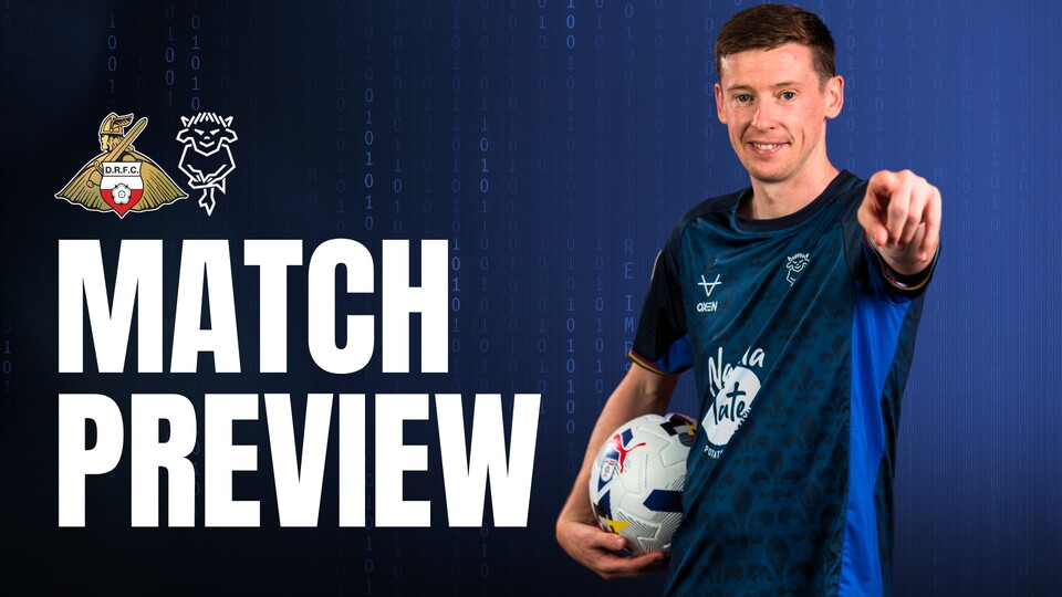 A football player in a blue jersey holds a ball, smiling and pointing at the camera. To the left, "Match Preview" text is displayed next to team logos.