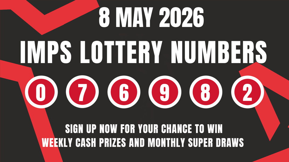 Imps Lottery ad with a bold, red and black theme. Date reads '8 May 2026.' Winning numbers: 0, 7, 6, 9, 8, 2. Text invites signing up for cash prizes.