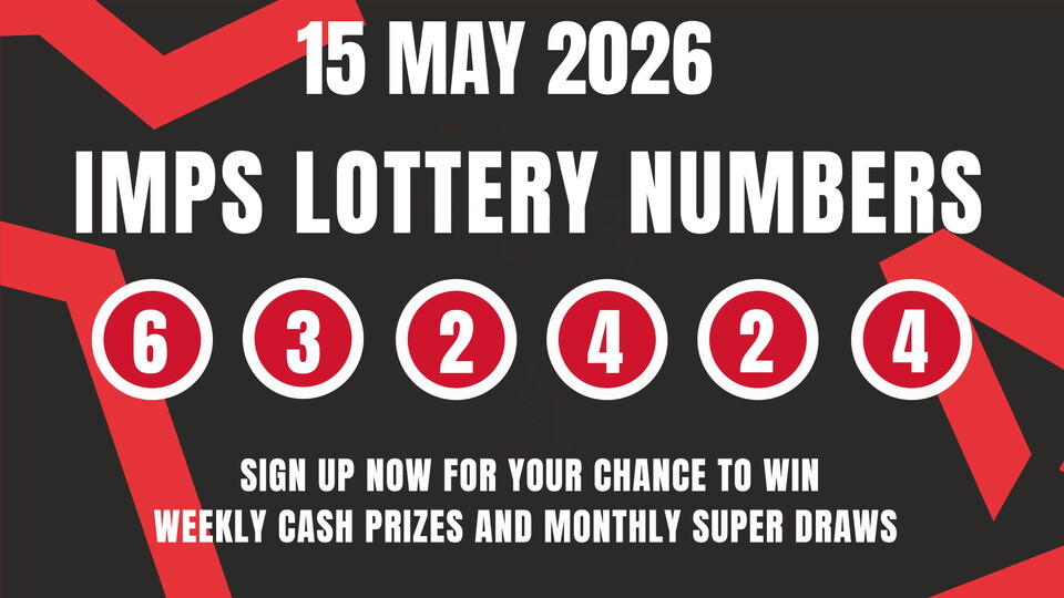 Imps Lottery announcement image with date 15 May 2026 and winning numbers "6, 3, 2, 4, 2, 4" in white circles on a black background with red accents.