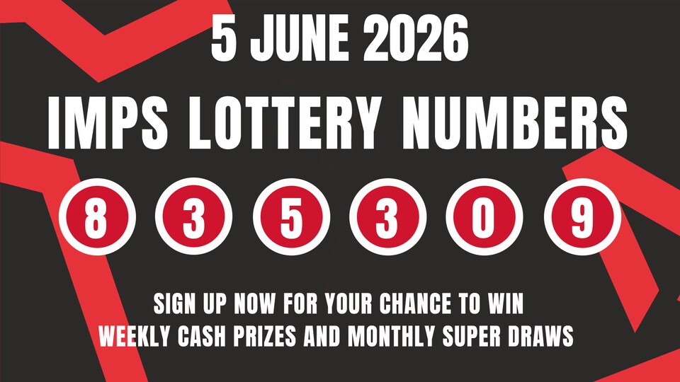 "Bold text on a dark background highlights '5 June 2026 Imps Lottery Numbers,' followed by the numbers 8, 3, 5, 3, 0, 9. Red accents add emphasis."