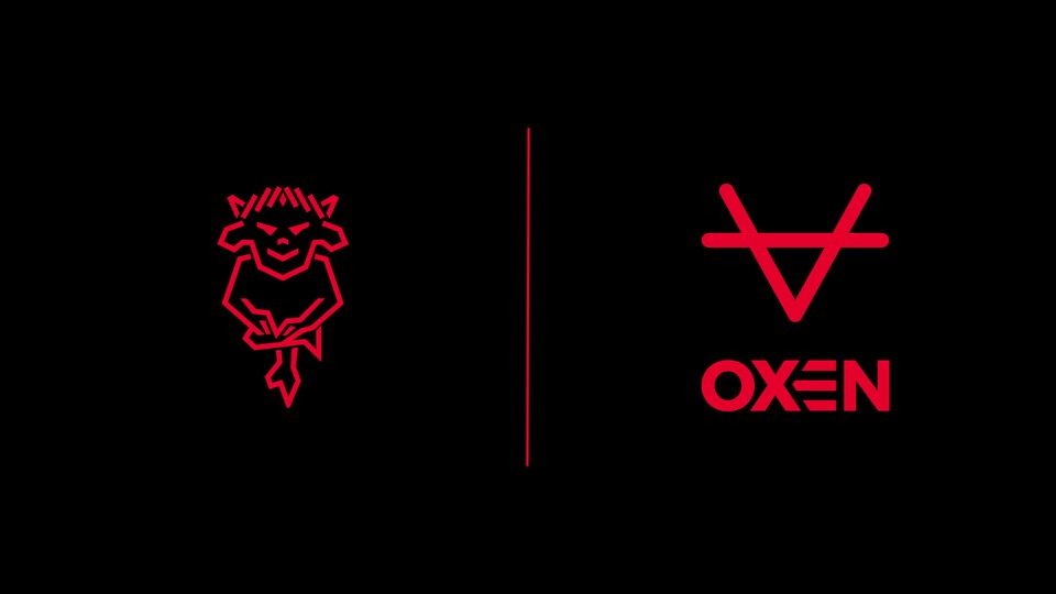 A red Lincoln City crest next to a red Oxen logo on a black background.