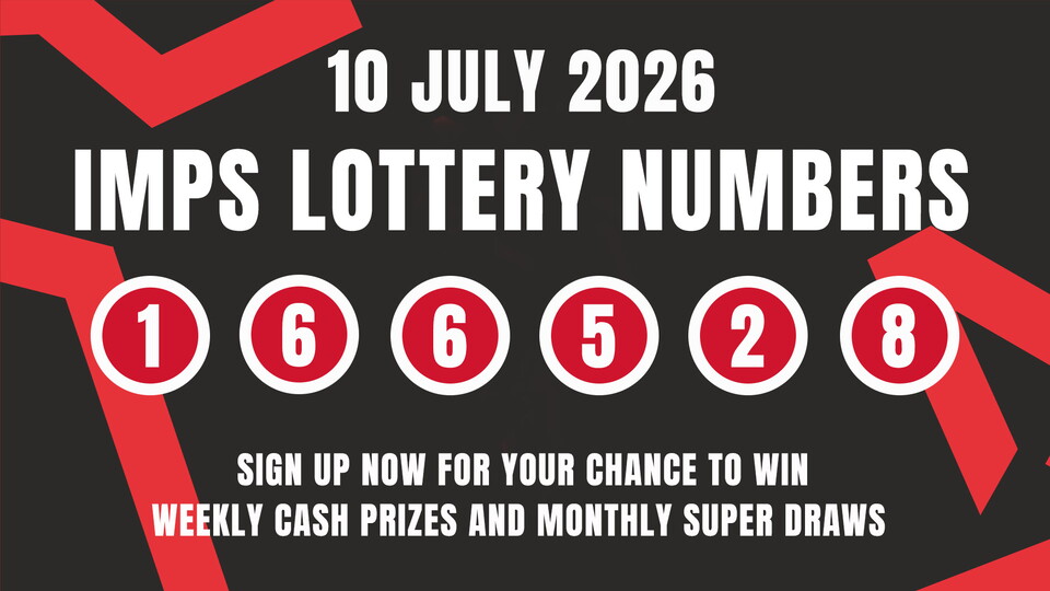 "Bold text on a dark background shows '10 July 2026 IMPS Lottery Numbers' with winning numbers 1, 6, 6, 5, 2, 8 in red circles. Promotional message below."