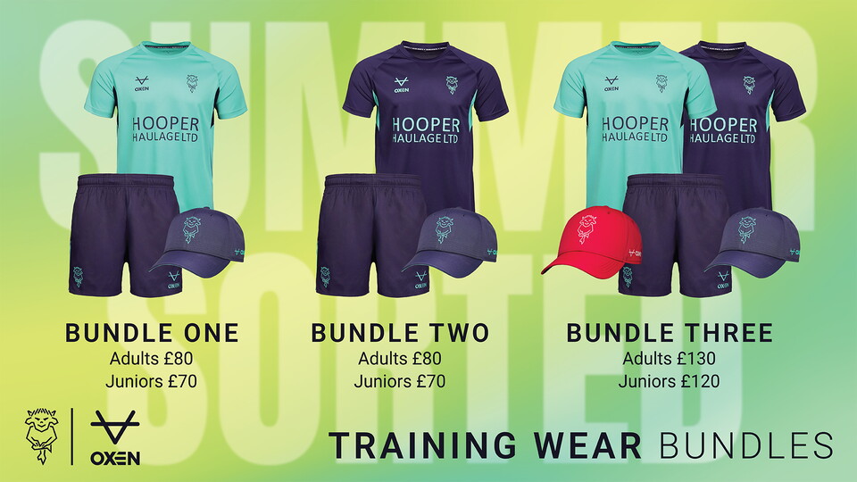 Three training wear bundles displayed on a green background: Bundle One and Two include a mint or navy shirt, shorts, and a navy cap. Bundle Three features both shirts, shorts, a navy, and a red cap. Prices for adults and juniors are provided.