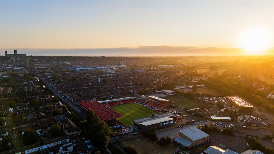 An aerial view of the ProAmpac Stadium, home of Lincoln City FC
